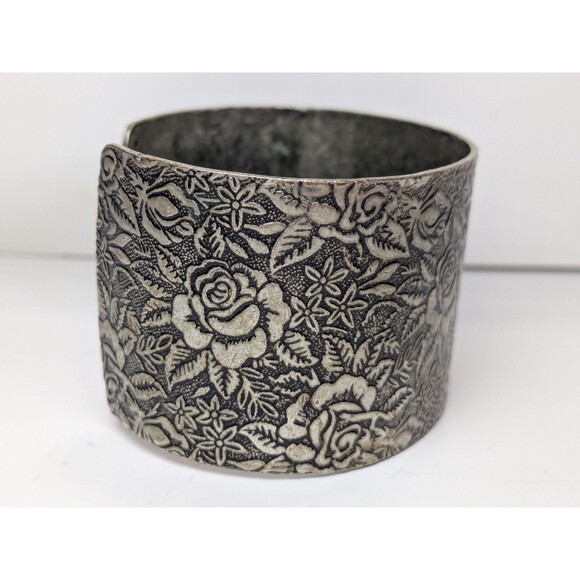 Roses Textured Metal Cuff Bracelet - Picture 2 of 5